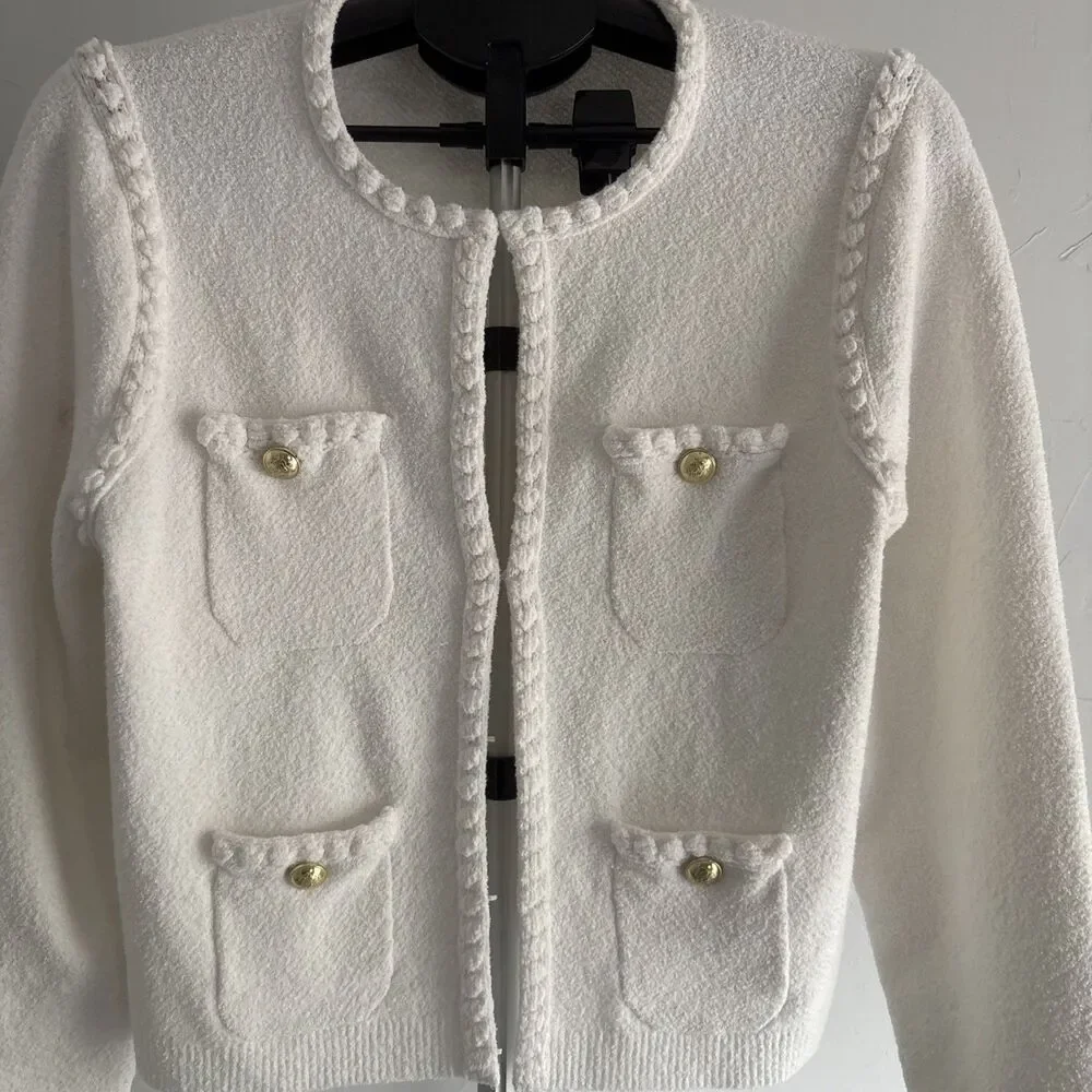 J.Crew Womens White Boucle Lady Jacket Cardigan Large Gold Crest Buttons Pocket